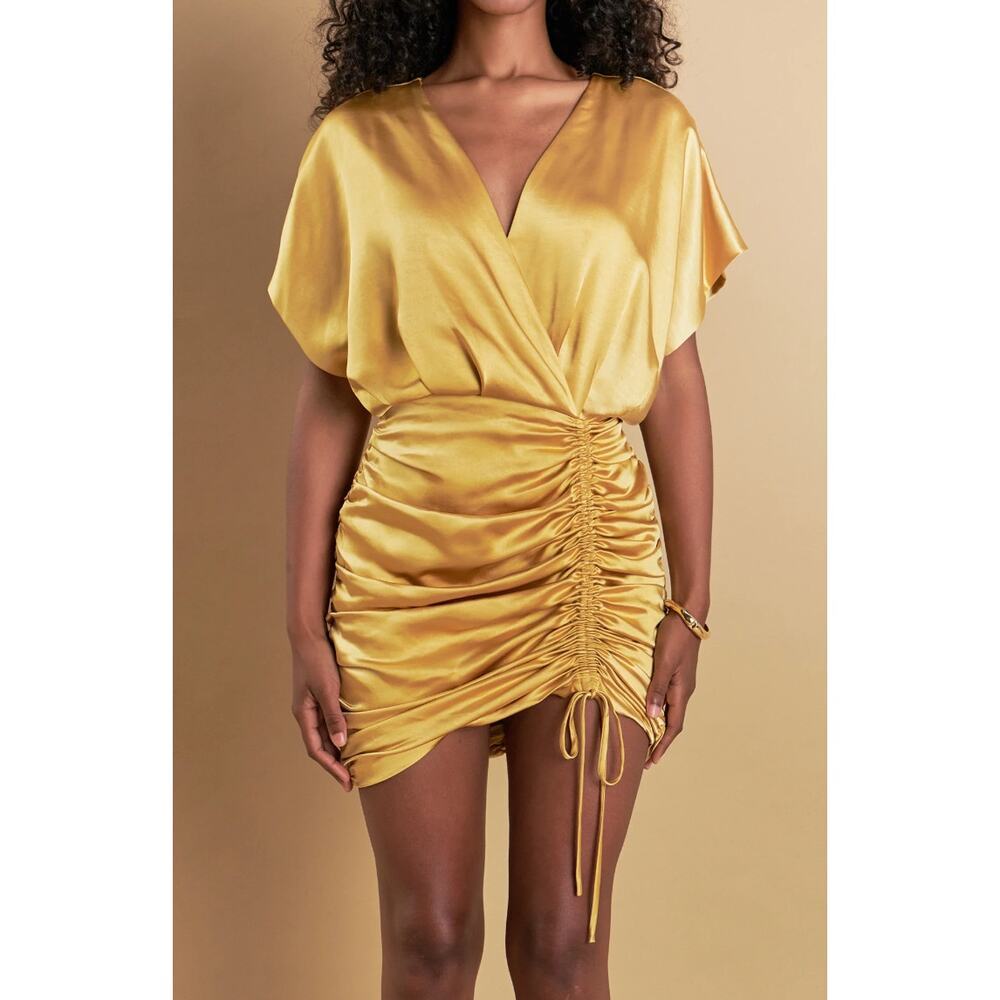 English Factory Satin Wrapped & Shirred Mini Dress in Gold Size S